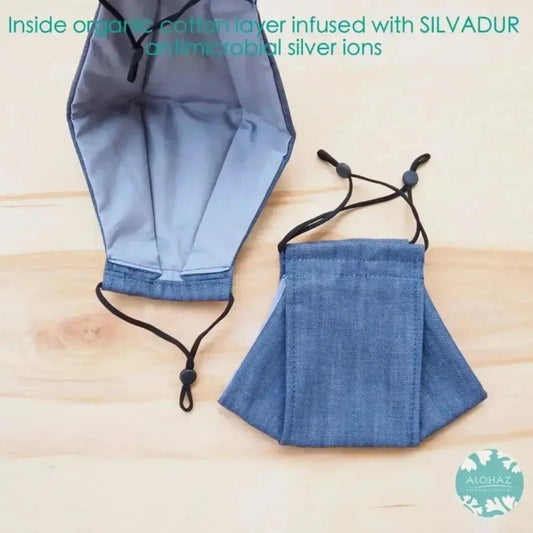 Antimicrobial 3d face mask + adjustable loops ~ blue denim