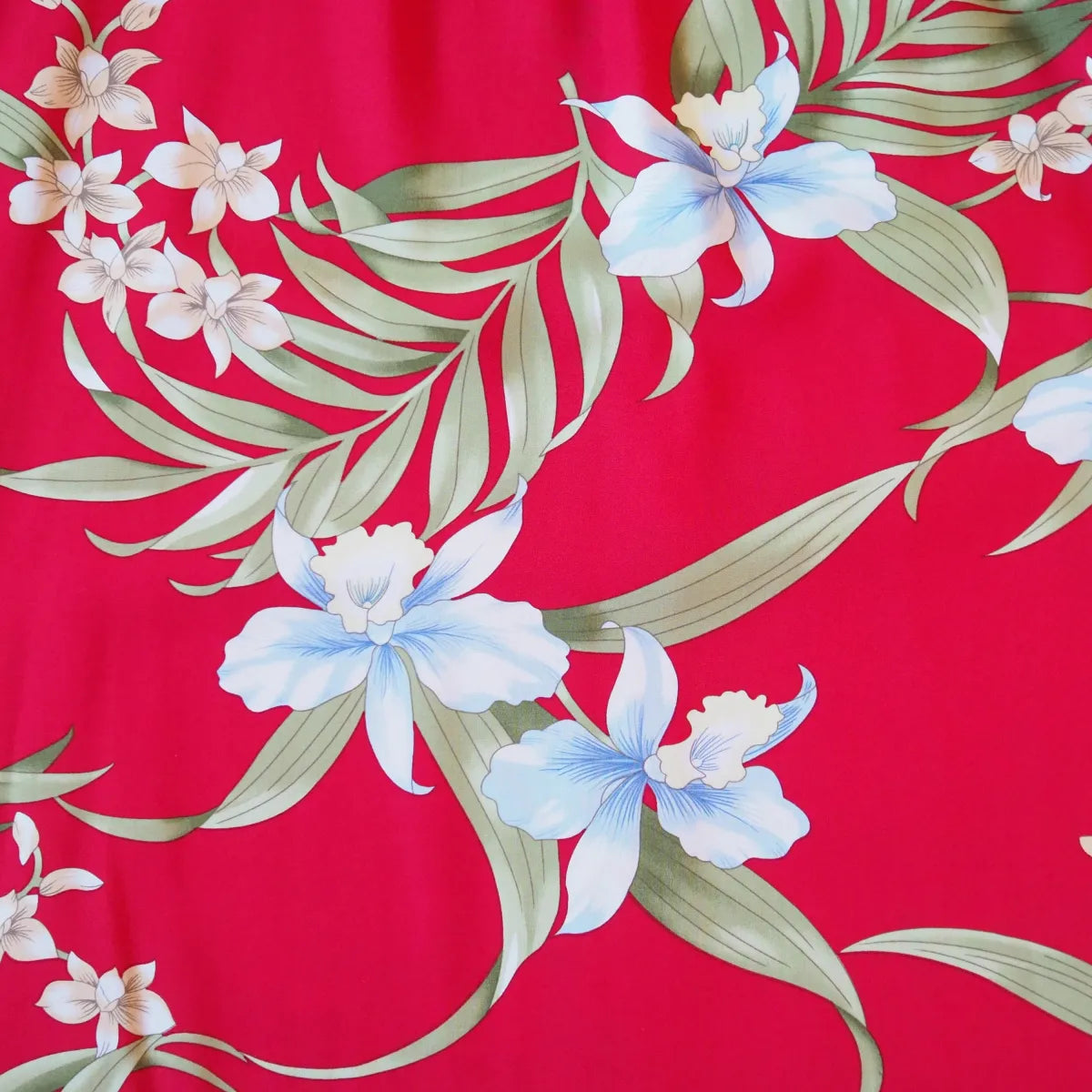 Bamboo orchid red hawaiian rayon fabric