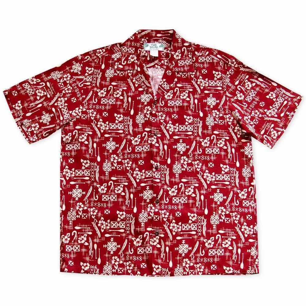 Fish & paddle red hawaiian rayon shirt