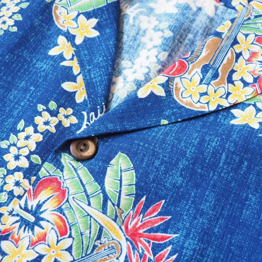 Hawaii lei blue hawaiian rayon shirt - alohaz