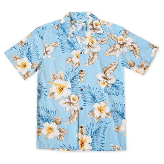 Hibiscus joy blue hawaiian cotton shirt - alohaz