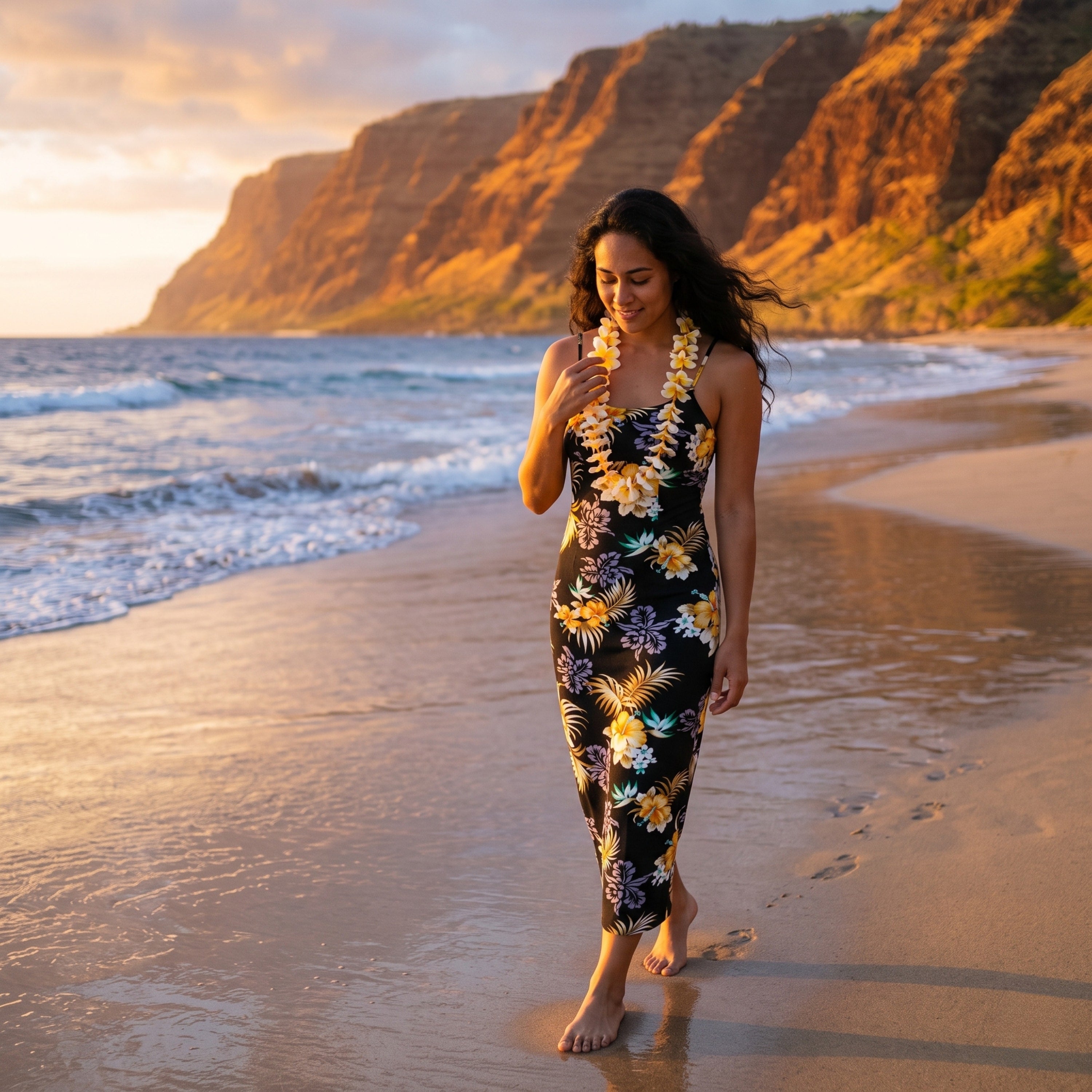 passion Black long skinny straps hawaiian dress