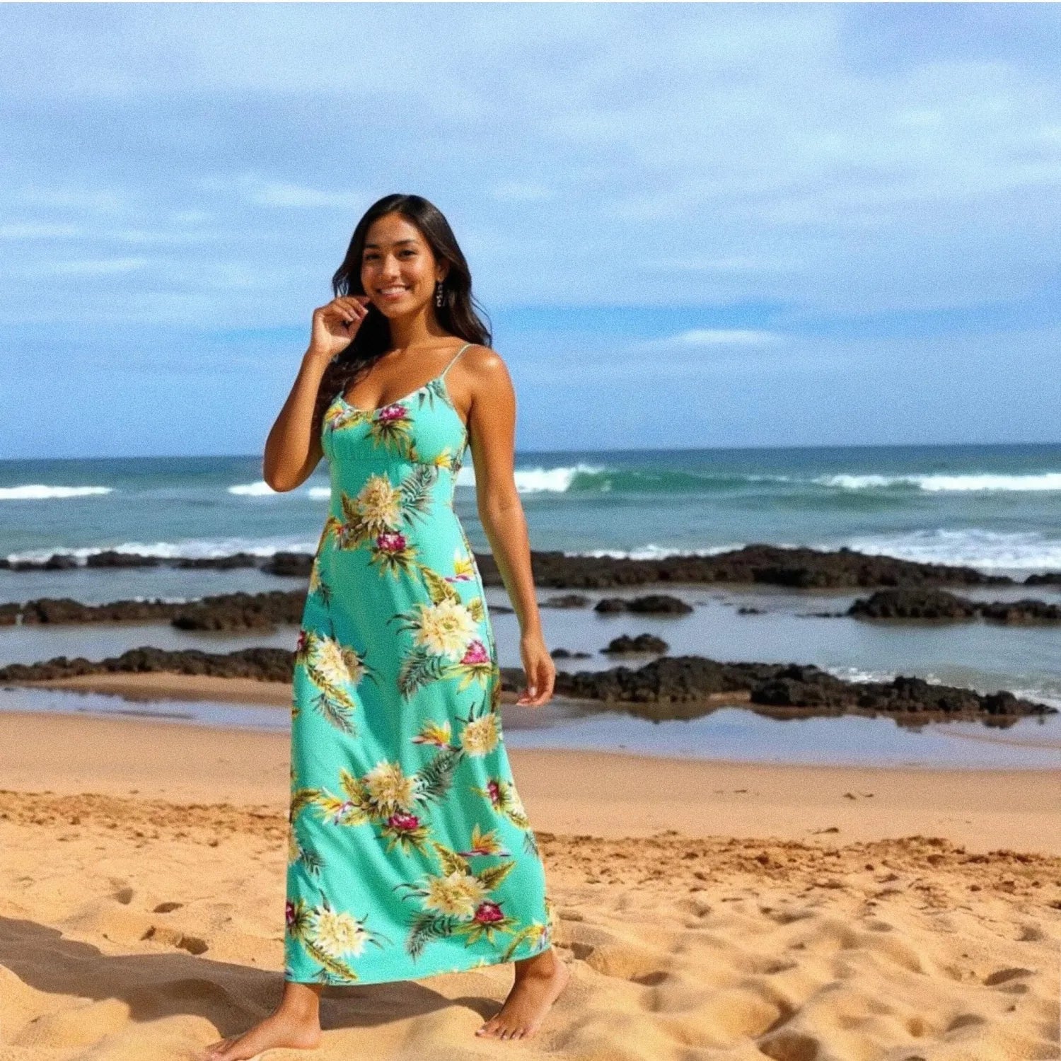 mountain green long skinny straps hawaiian dress - Alohaz mountain green long skinny straps hawaiian dress - Alohaz