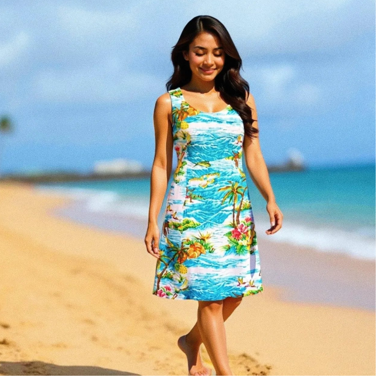 ocean life teal hawaiian tank dress - Alohaz S / teal ocean life teal hawaiian tank dress - Alohaz S / teal