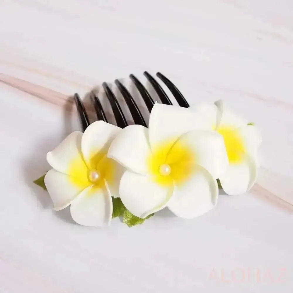 Pearls & plumeria hawaiian flower hair comb - alohaz