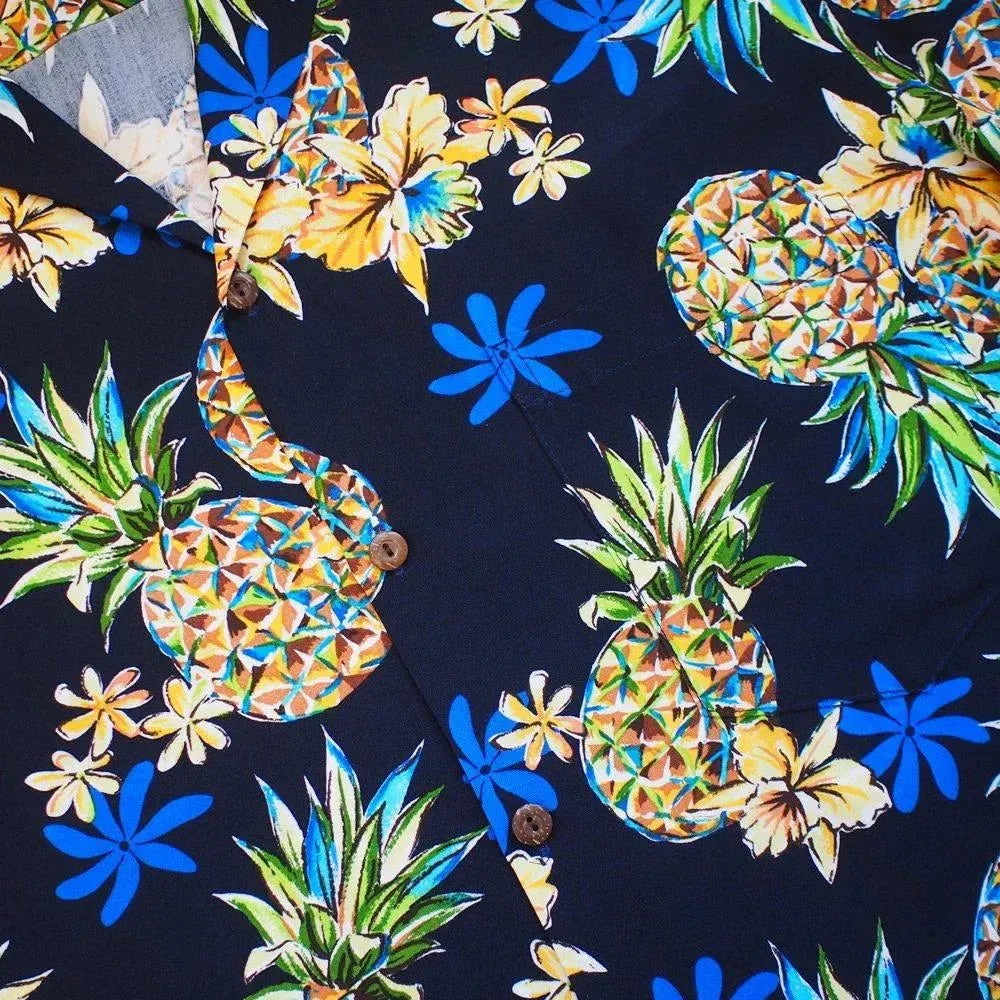 Pineapple navy blue hawaiian rayon fabric - alohaz