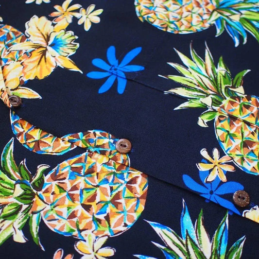 Pineapple navy blue hawaiian rayon fabric - alohaz