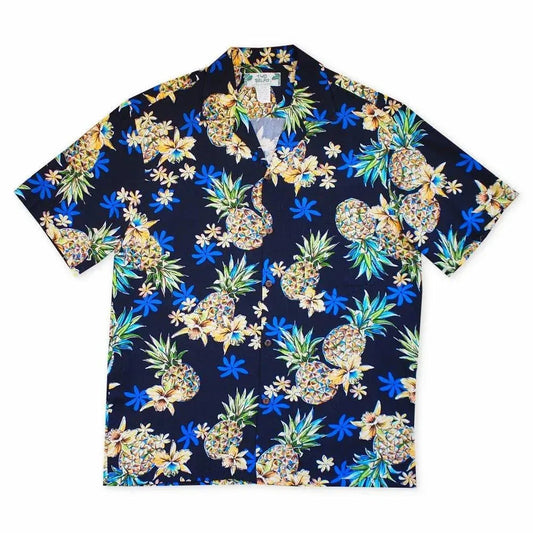 Pineapple navy blue hawaiian rayon shirt - alohaz