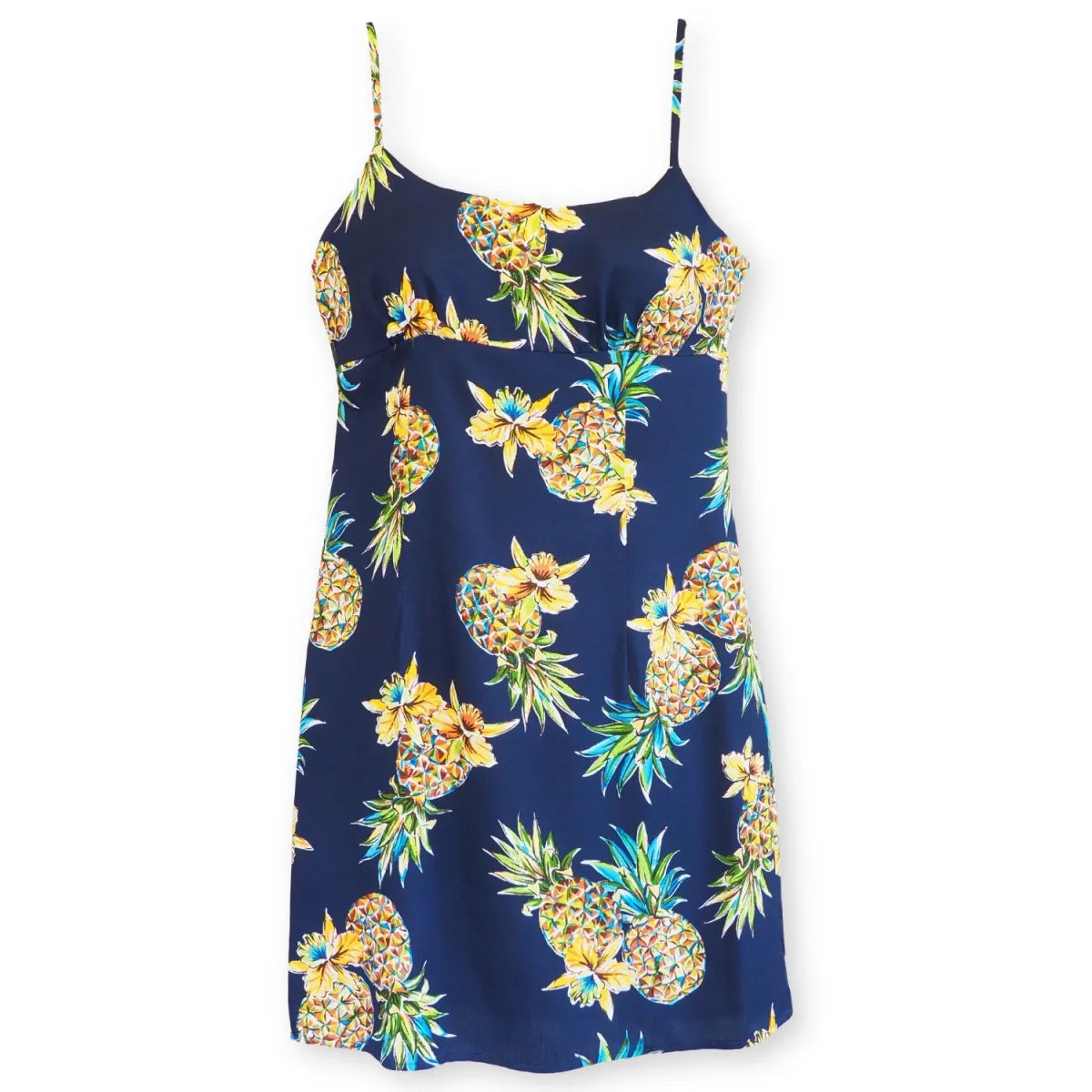 Pineapple navy blue short skinny straps hawaiian dress