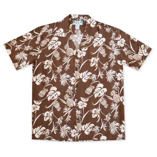 Pineapple paradise brown hawaiian rayon shirt - alohaz
