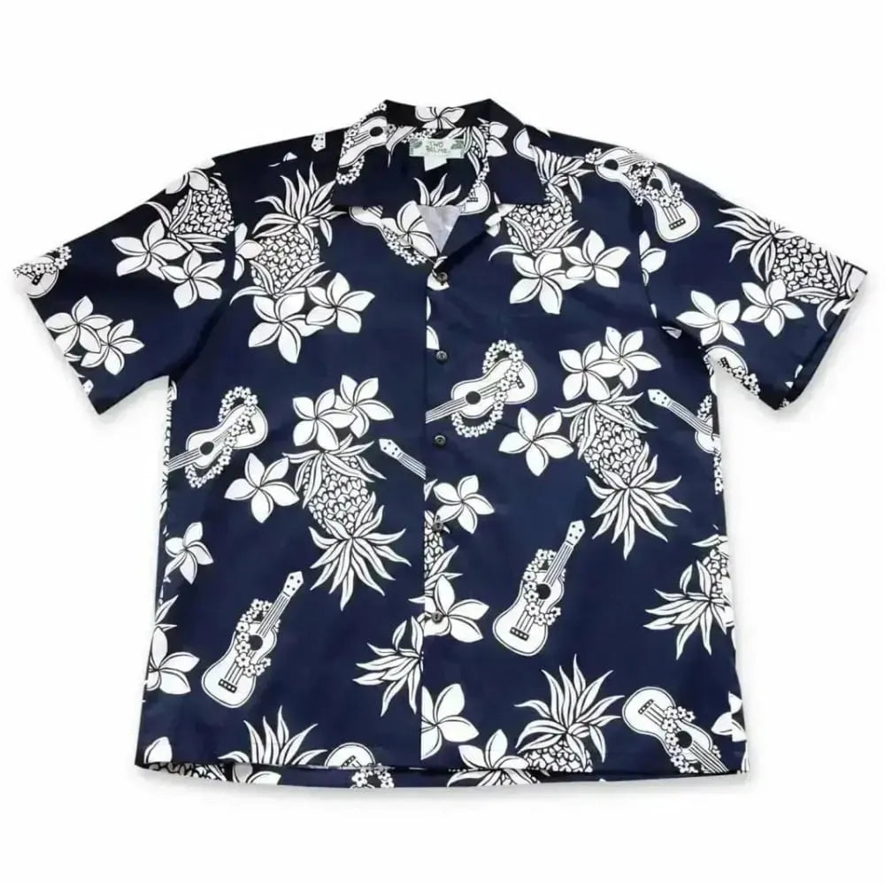 Ukulele fun navy hawaiian cotton shirt - alohaz