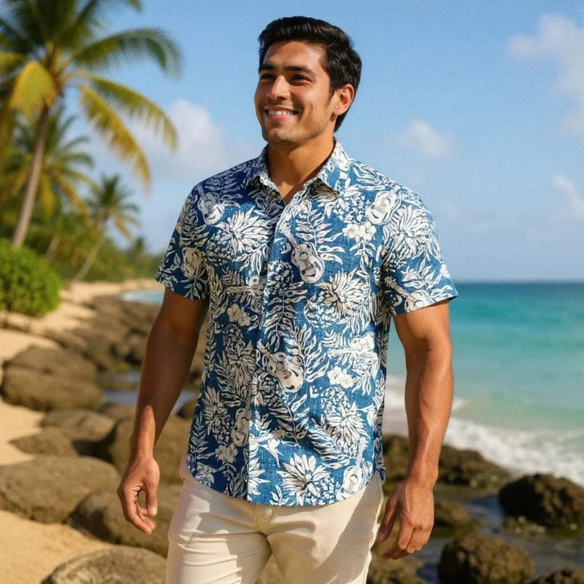 ukulele serenade blue hawaiian rayon shirt
