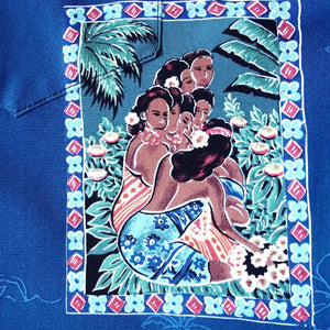 Vintage portraits blue hawaiian rayon shirt