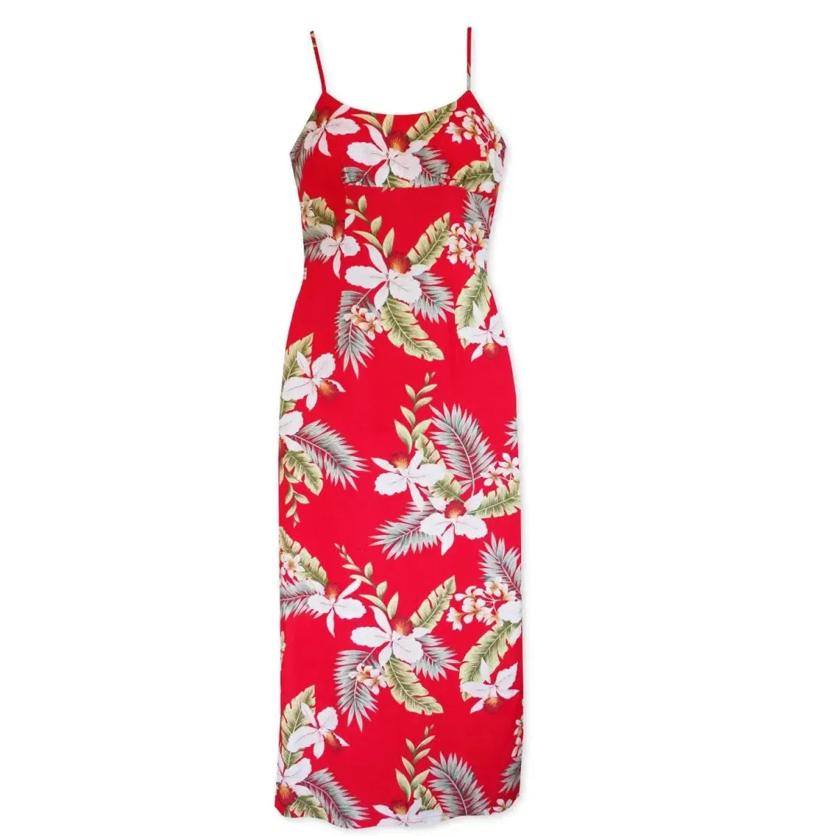 volcanic red long skinny straps hawaiian dress