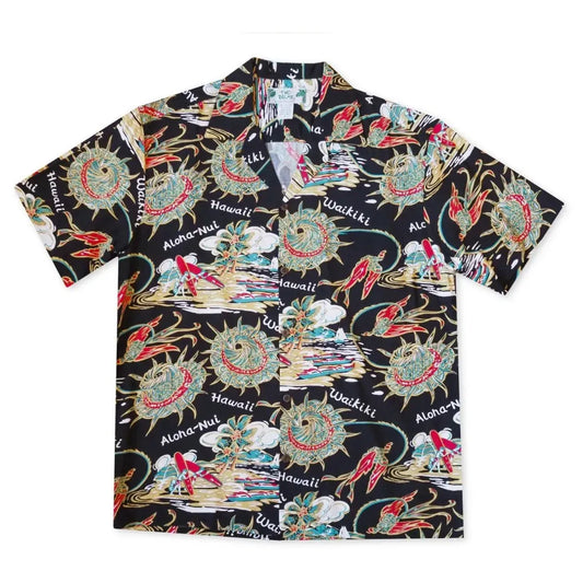 Waikiki wanderer black hawaiian rayon shirt - alohaz