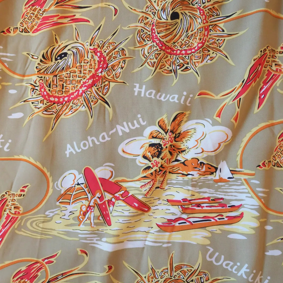Waikiki wanderer tan hawaiian rayon shirt