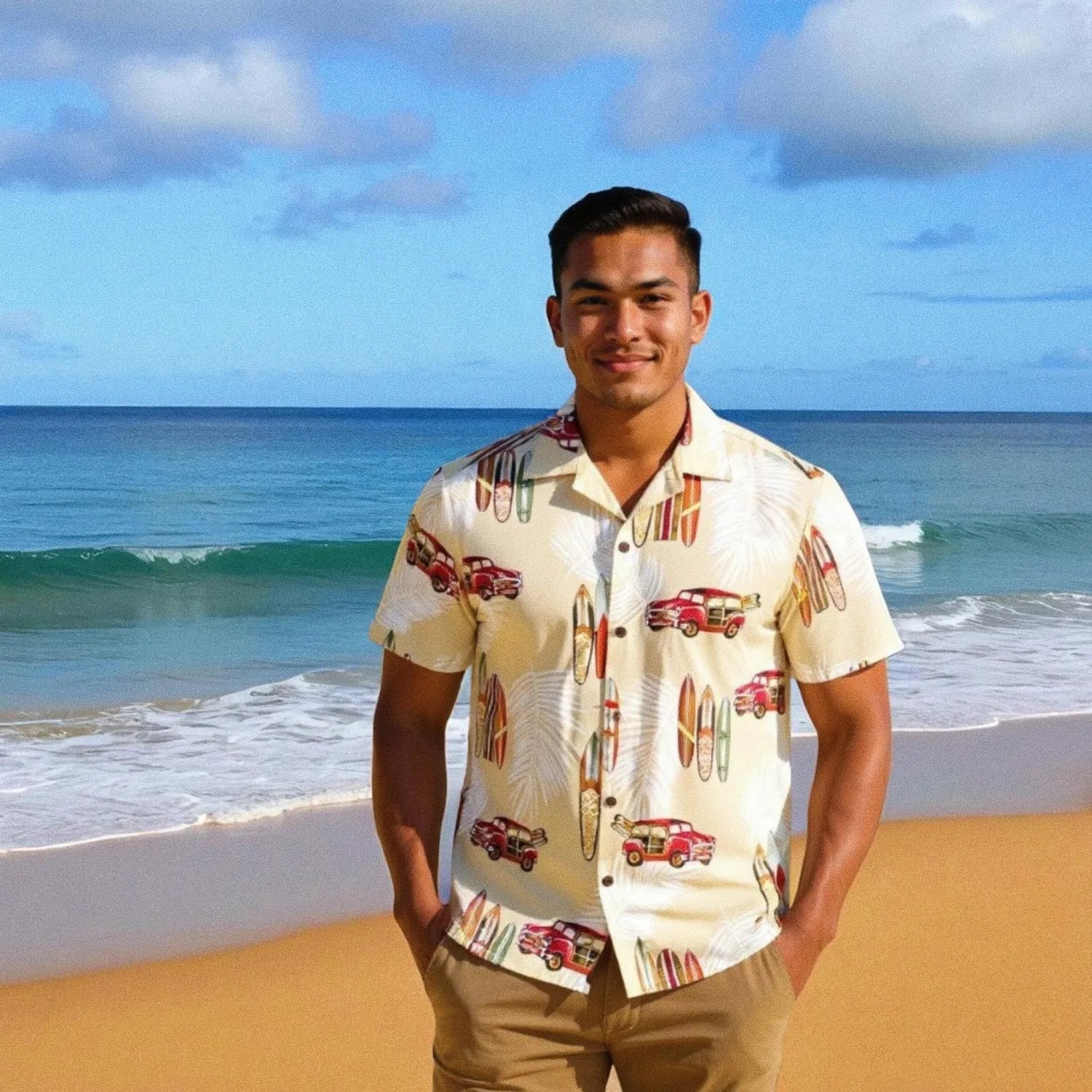 woody cruiser cream hawaiian aloha rayon shirt - Alohaz