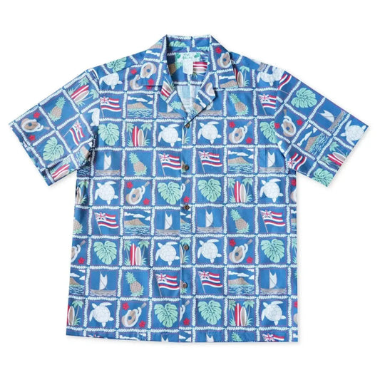 50th state blue hawaiian cotton shirt - alohaz