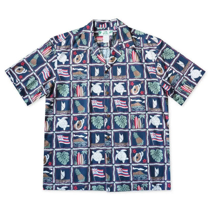 50th state navy hawaiian cotton shirt - alohaz