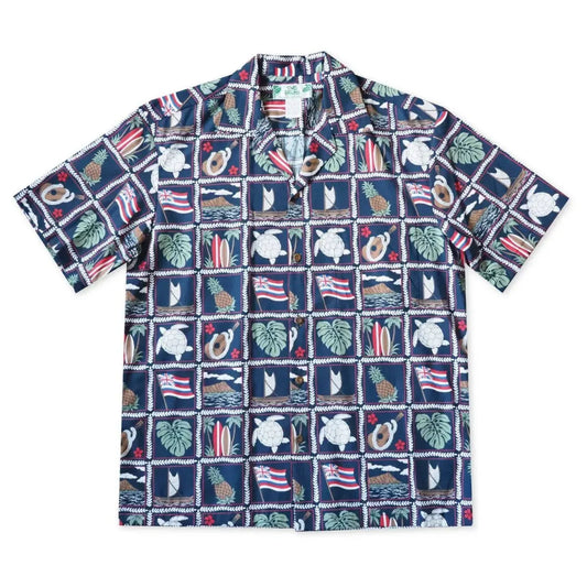 50th state navy hawaiian cotton shirt - alohaz