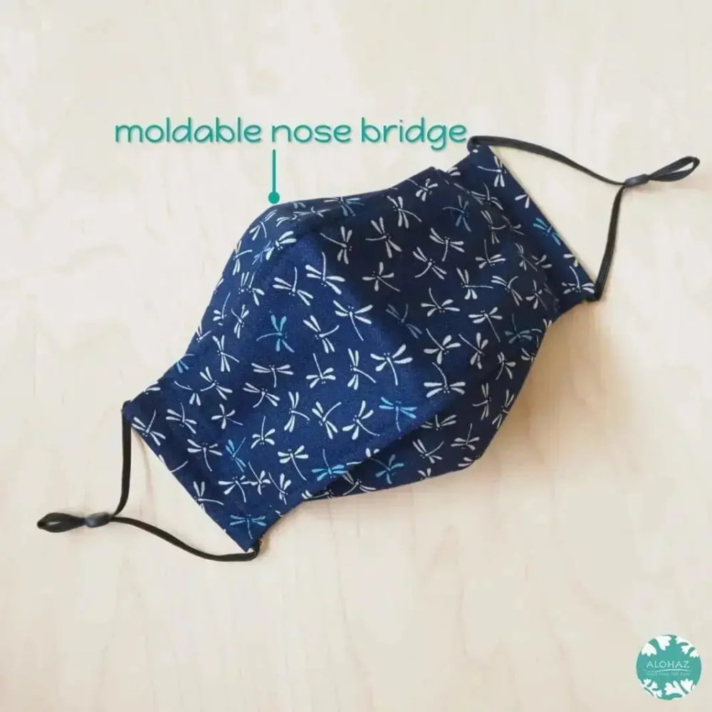 Antimicrobial 3d face mask + adjustable loops ~ blue dragonfly