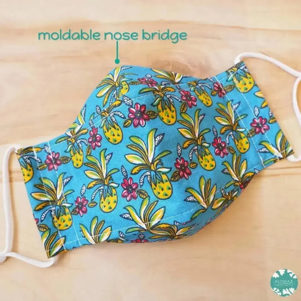 Antimicrobial 3d face mask + adjustable loops ~ blue pineapple maze