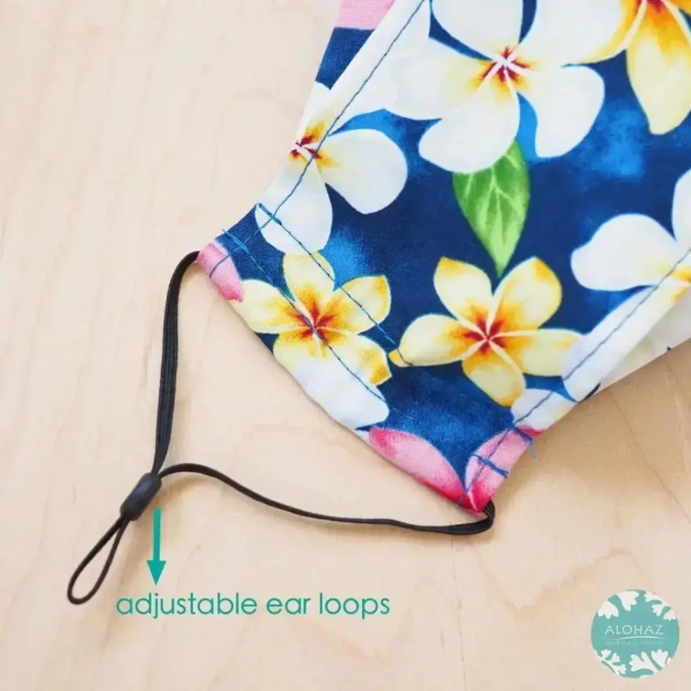 Antimicrobial 3d face mask + adjustable loops ~ blue plumeria shower