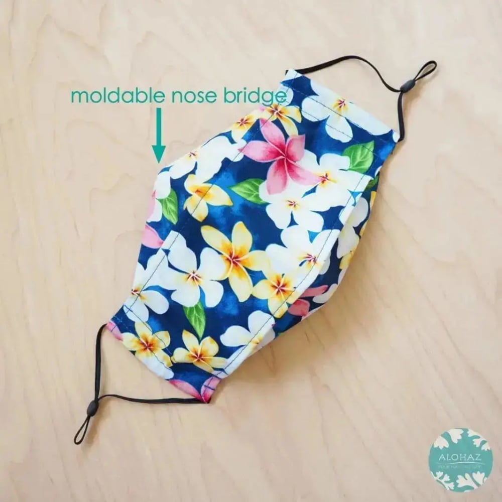 Antimicrobial 3d face mask + adjustable loops ~ blue plumeria shower