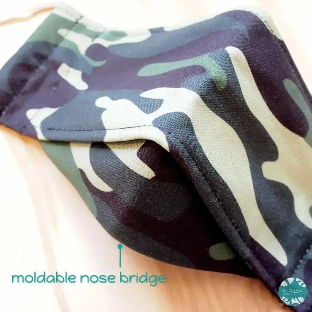 Antimicrobial 3d face mask + adjustable loops ~ green camouflage