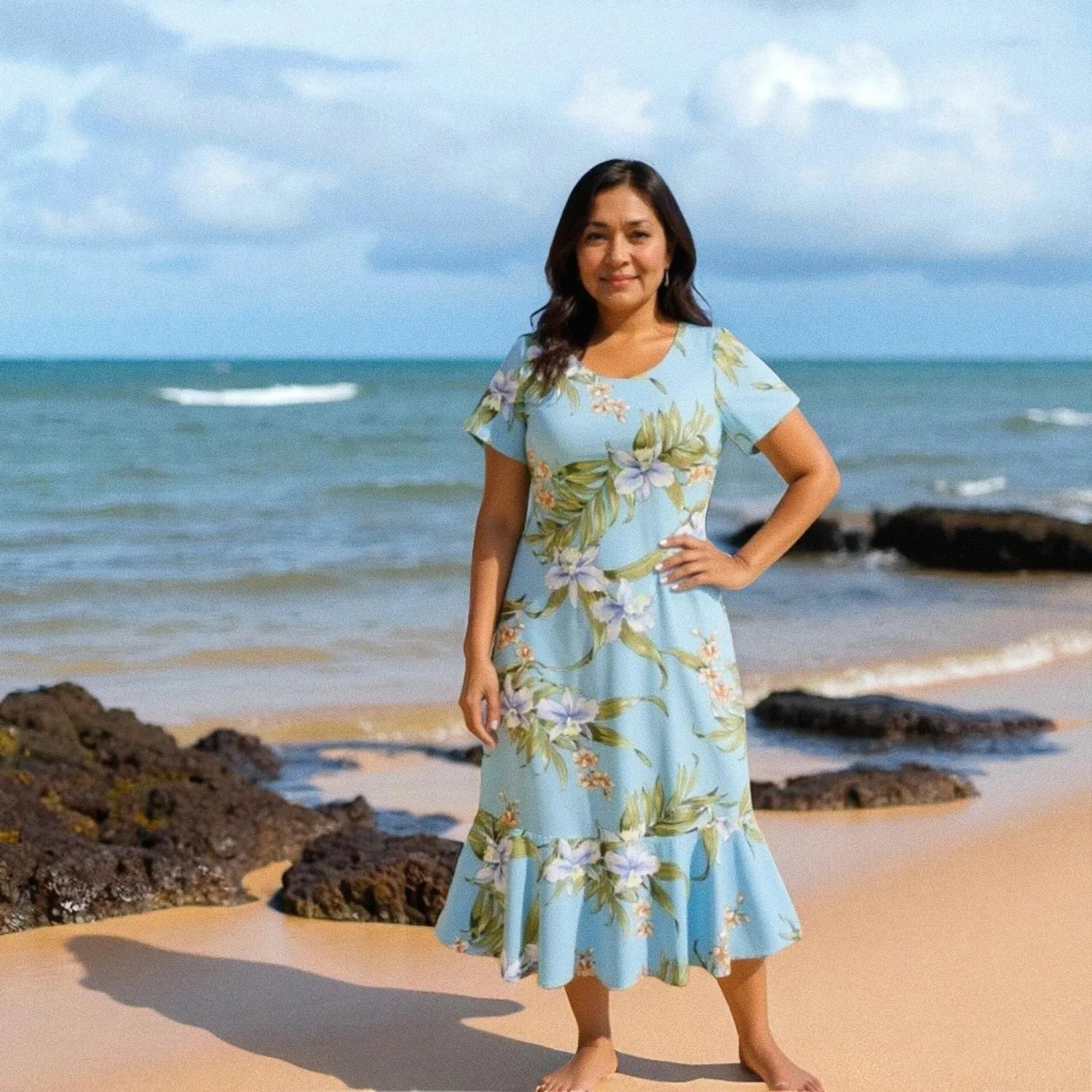 Bamboo orchid baby blue hawaiian laka dress - alohaz