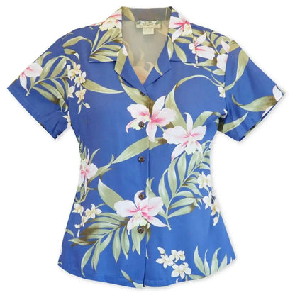 Bamboo orchid blue hawaiian lady blouse - alohaz
