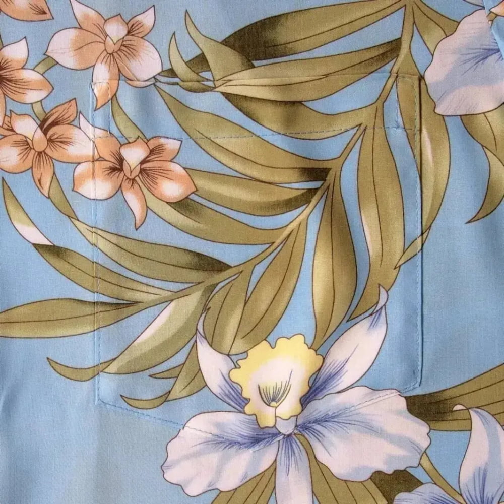 Bamboo orchid light blue hawaiian rayon fabric