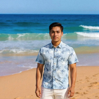Blue palm beach reverse print hawaiian cotton shirt - alohaz