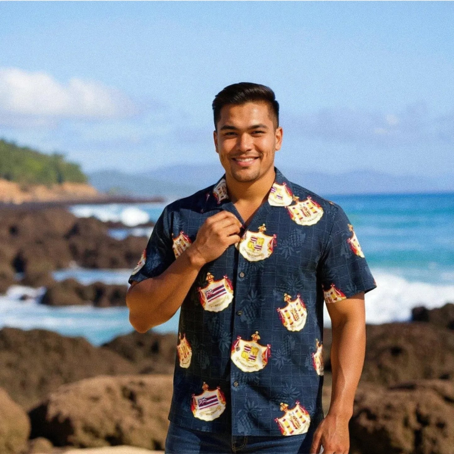 Crest black hawaiian aloha rayon shirt - alohaz