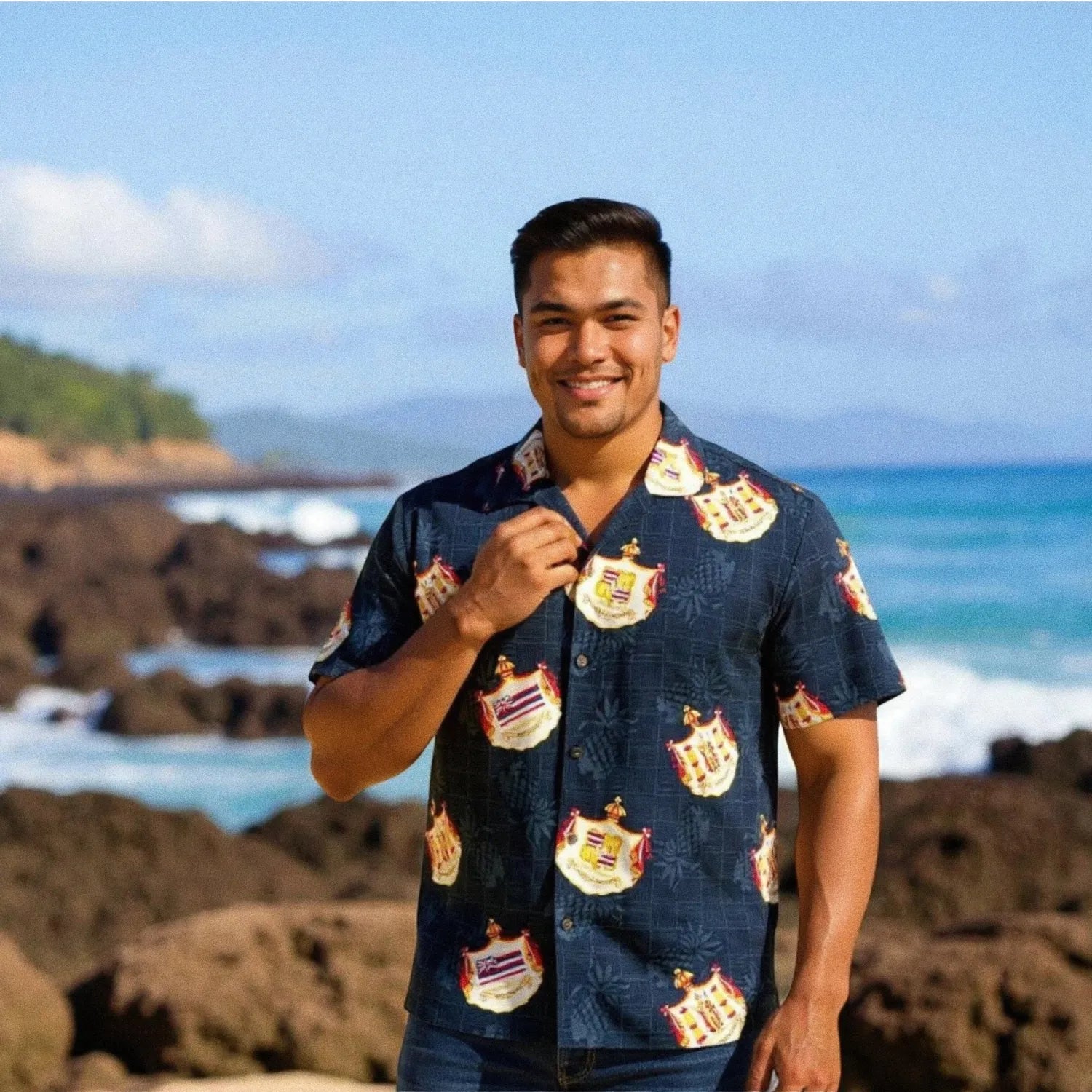 Crest black hawaiian aloha rayon shirt - alohaz