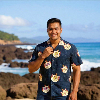 Crest black hawaiian aloha rayon shirt - alohaz