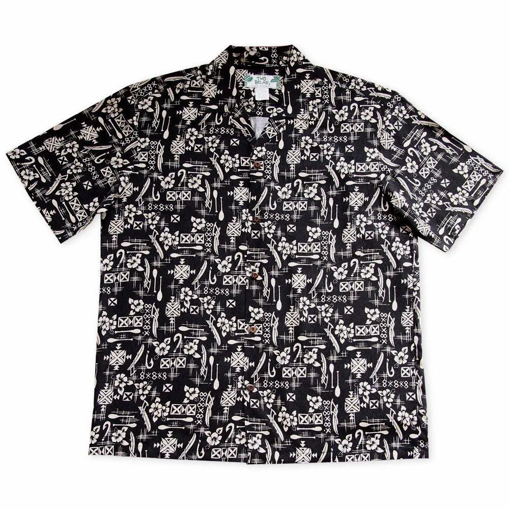 Fish & paddle black hawaiian rayon shirt