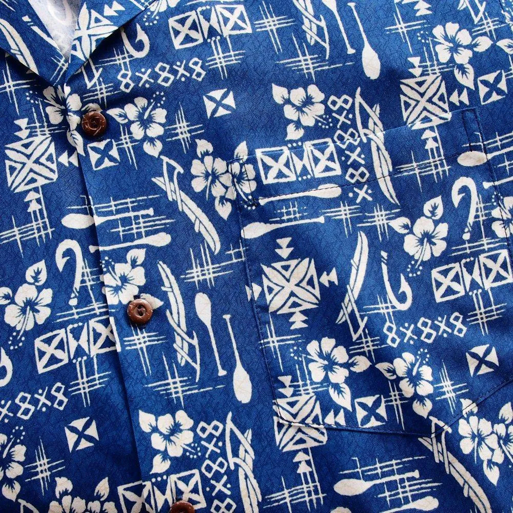 Fish & paddle blue hawaiian rayon shirt