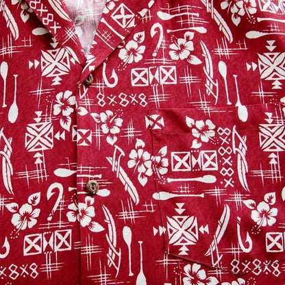 Fish & paddle red hawaiian rayon shirt - alohaz