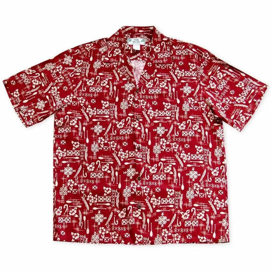 Fish & paddle red hawaiian rayon shirt - alohaz