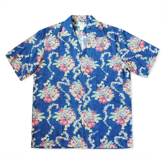 Hawaii lei blue hawaiian rayon shirt - alohaz