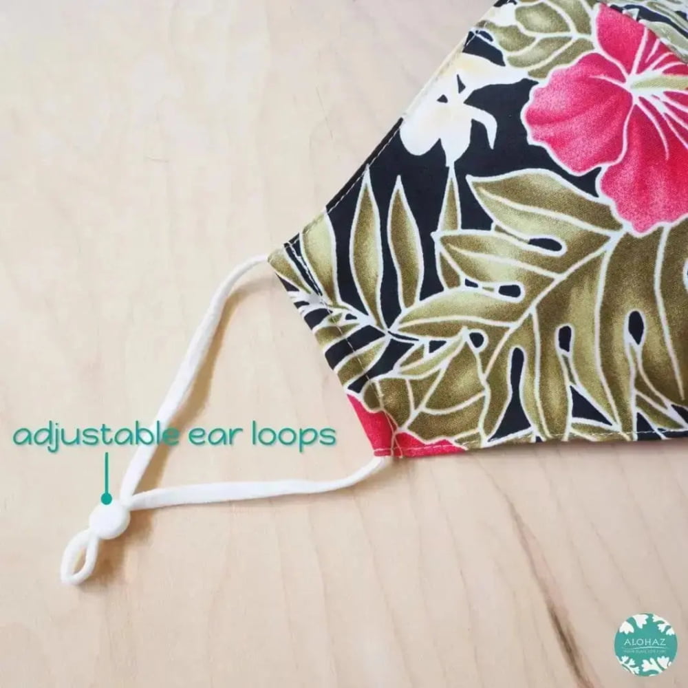 Hawaiian face mask + adjustable loops ~ black royal hibiscus | alohaz