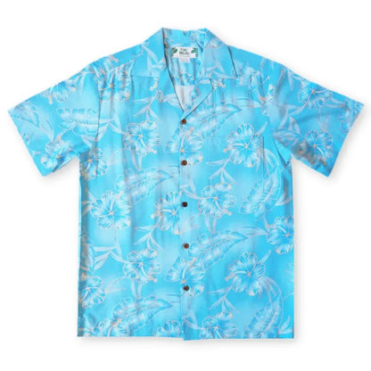 Hibiscus hideaway blue hawaiian aloha rayon shirt - alohaz