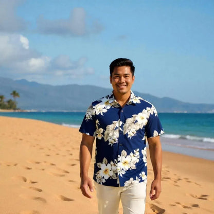 Hibiscus joy navy hawaiian cotton shirt - alohaz