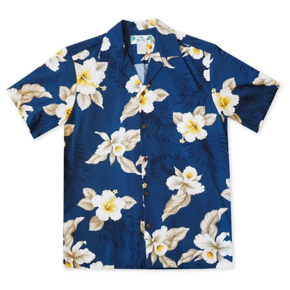Hibiscus joy navy hawaiian cotton shirt - alohaz