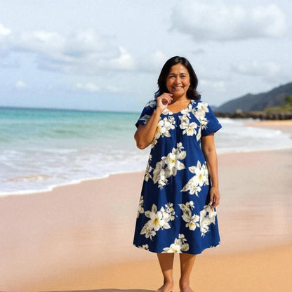Hibiscus Joy Navy Tea Muumuu Dress for Comfort L / Navy Hibiscus Joy Navy Tea Muumuu Dress for Comfort L / Navy