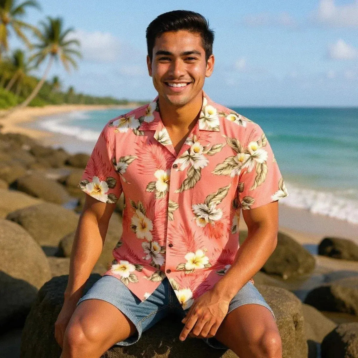 Hibiscus joy pink hawaiian cotton shirt - alohaz