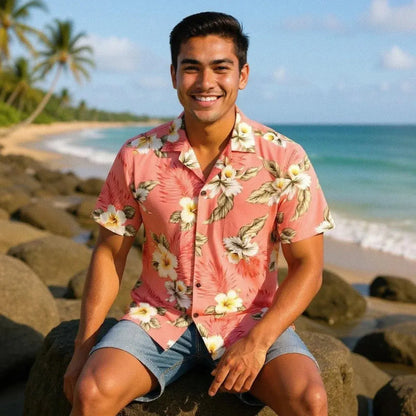 Hibiscus joy pink hawaiian cotton shirt - alohaz