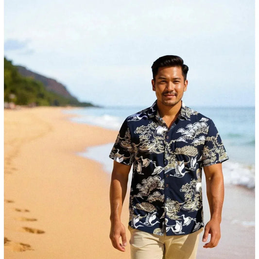 Island breeze crane black hawaiian aloha rayon shirt