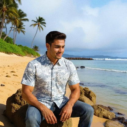 Island navy reverse print hawaiian cotton shirt - alohaz
